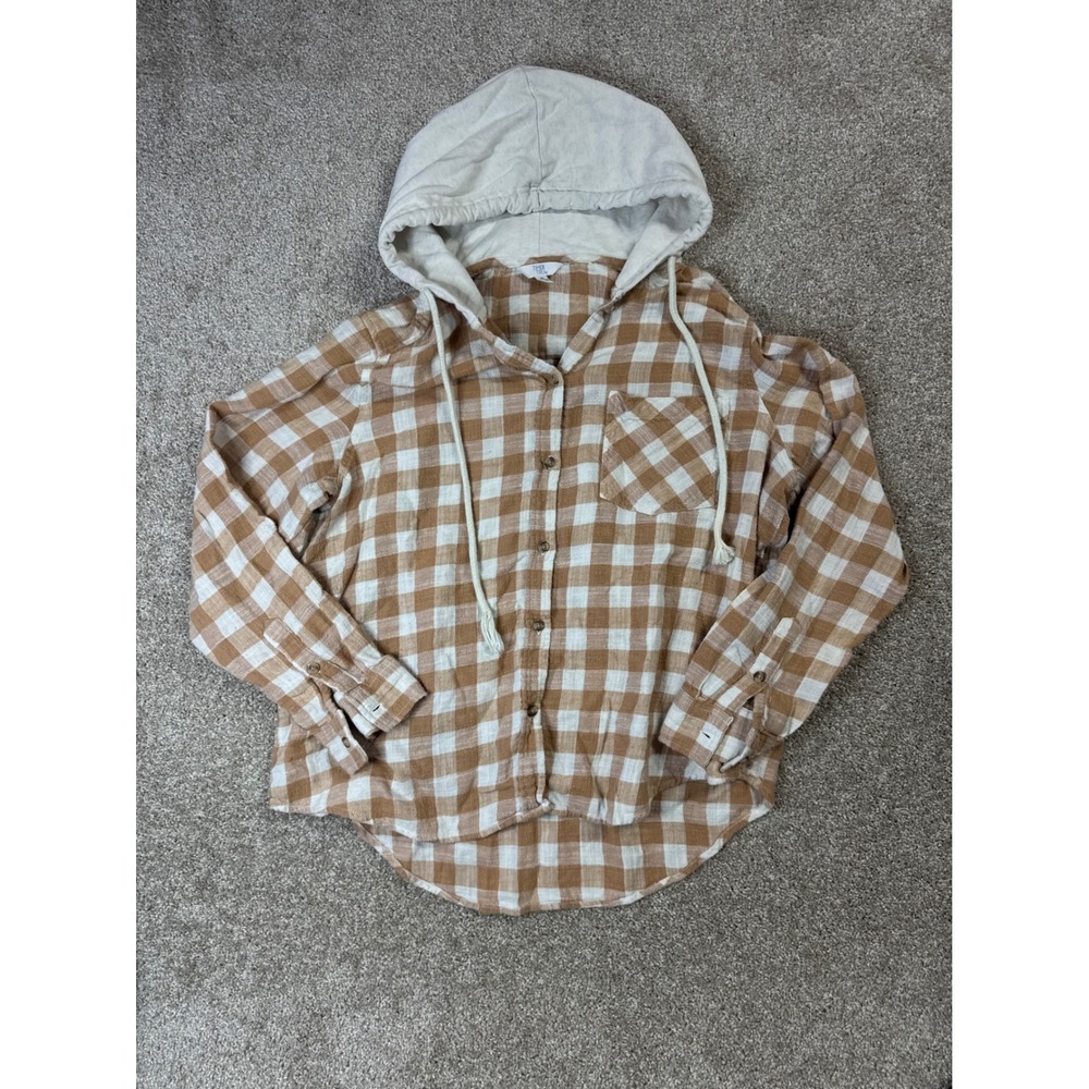 Time and Tru Brown Plaid Hooded Flannel Shirt XL 16-18 Button Front Hoodie